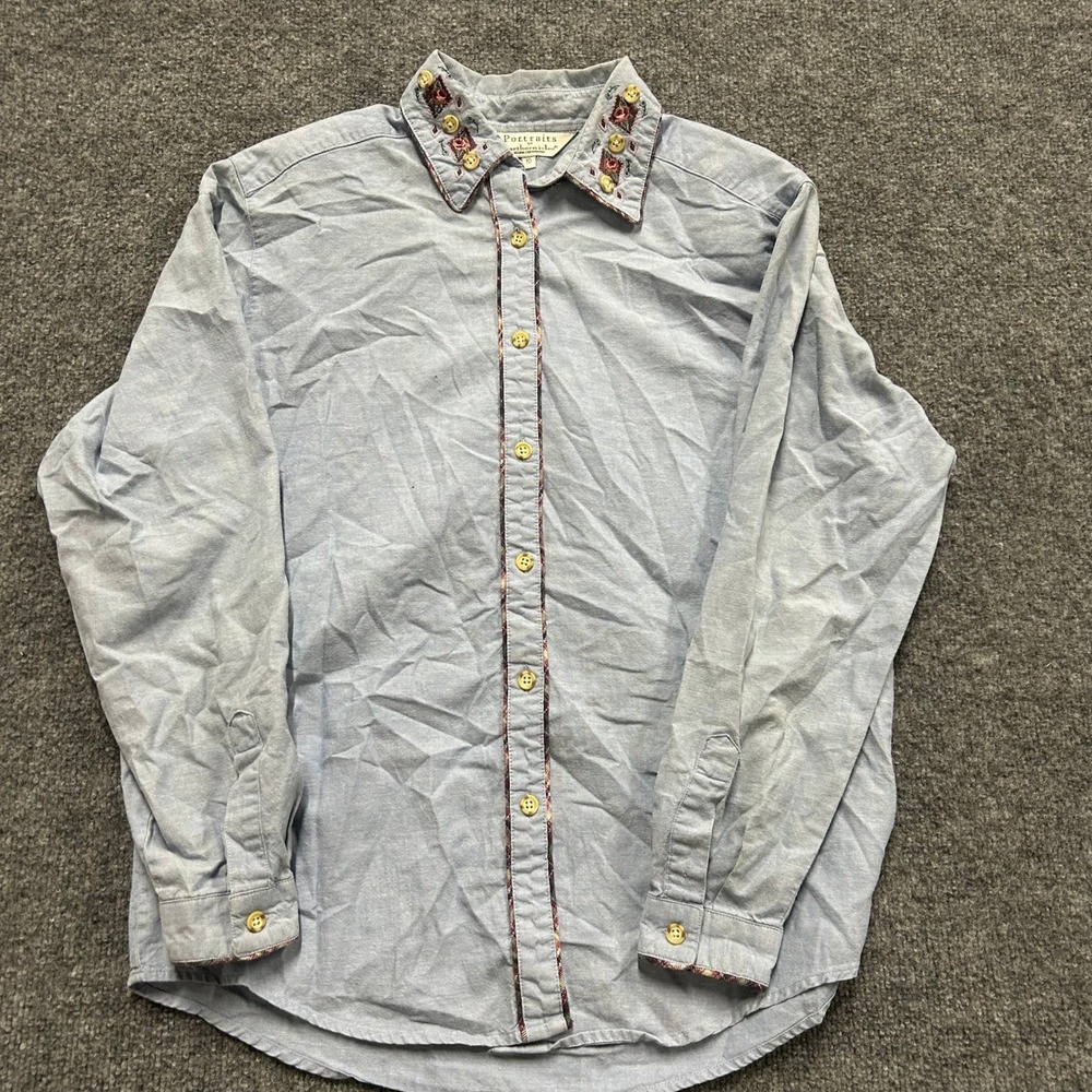 Portraits by Northern Isles Shirt Womens Size 10 Blue Cotton Embroidered Collar